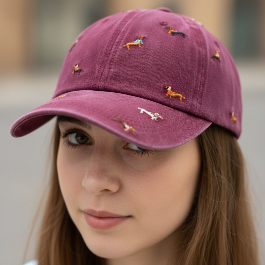 paarse teckel pet met geborduurde teckeltjes