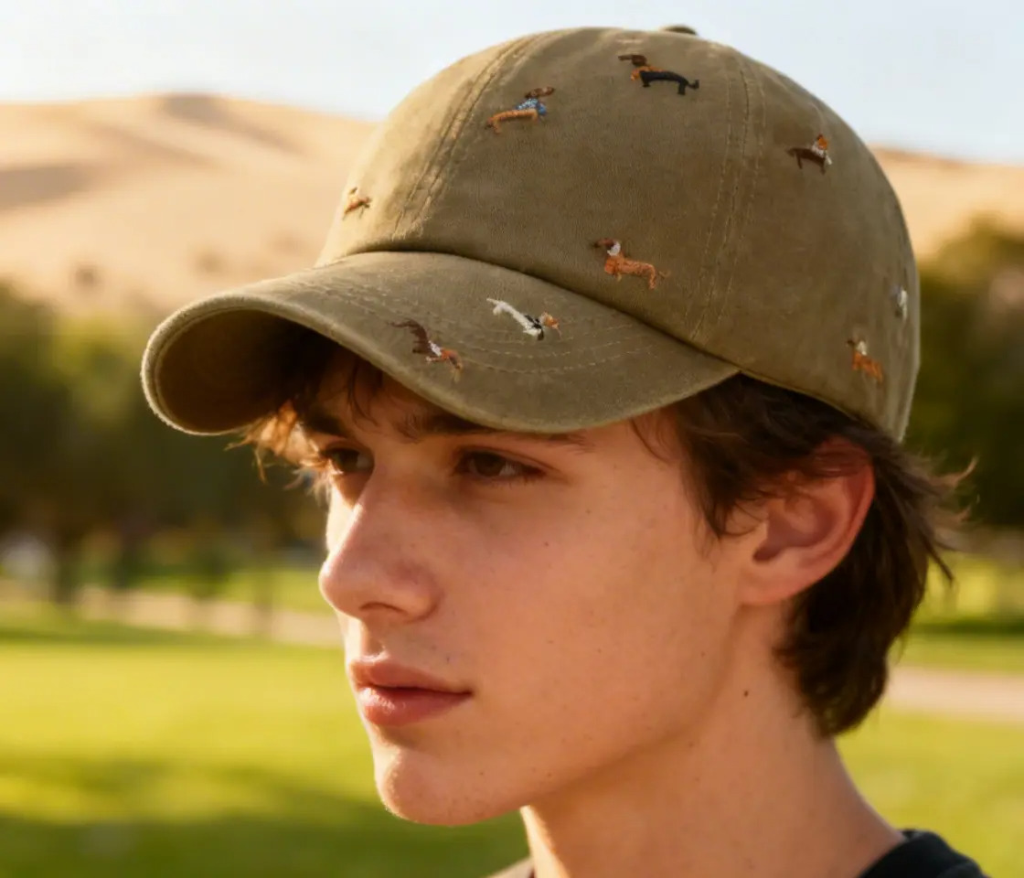 kahki teckel pet met geborduurde teckeltjes