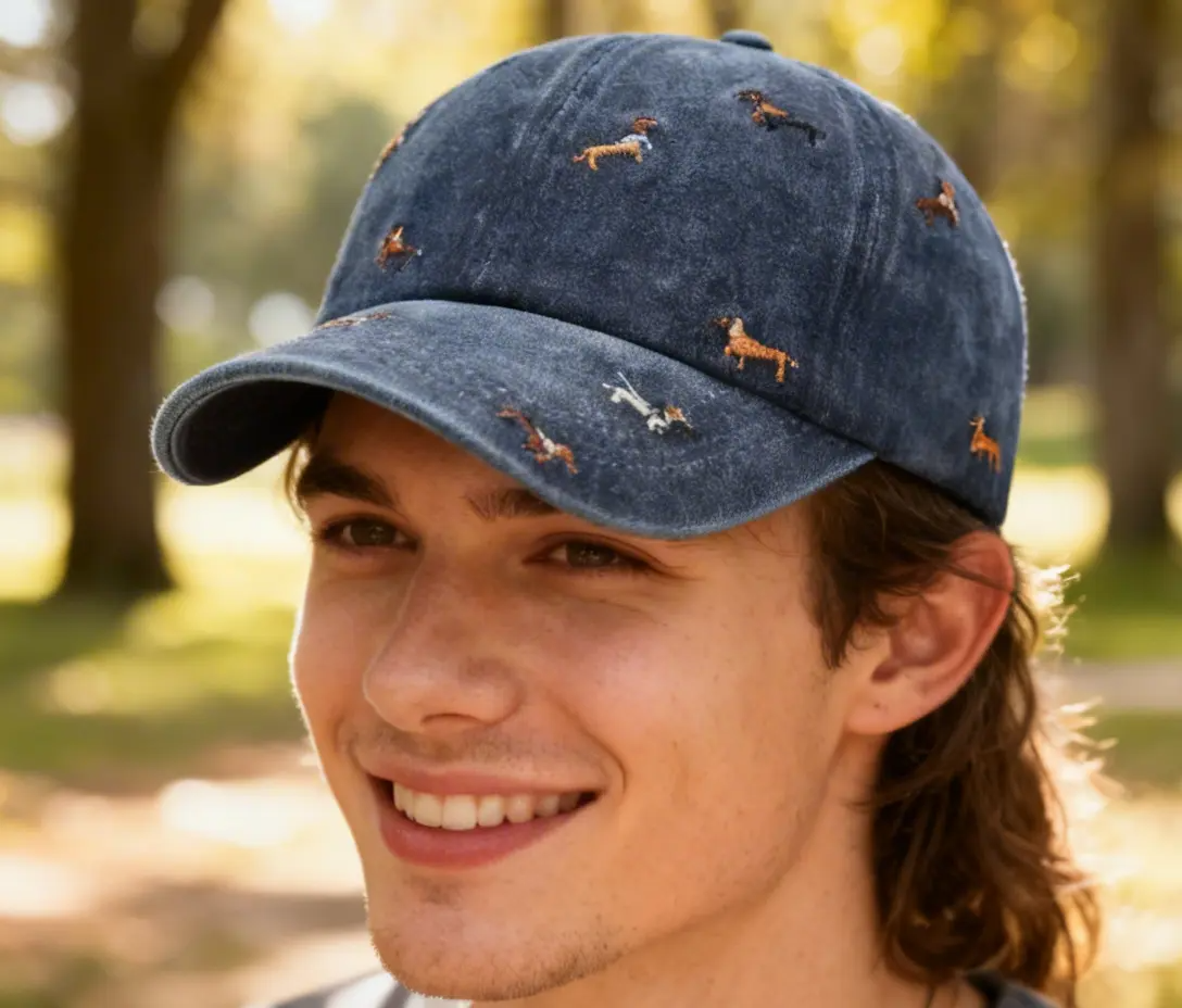 blauwe teckel pet met geborduurde teckeltjes